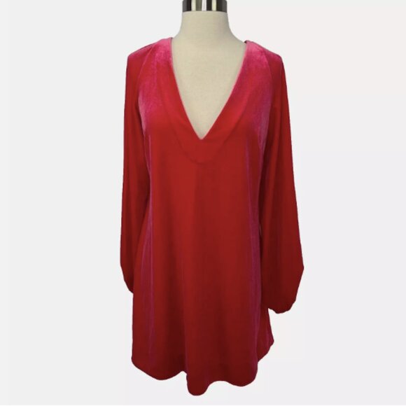 Free People Hot Pink MISHA Mini Dress Velvet Long Sleeve V-Neck - Picture 2 of 14